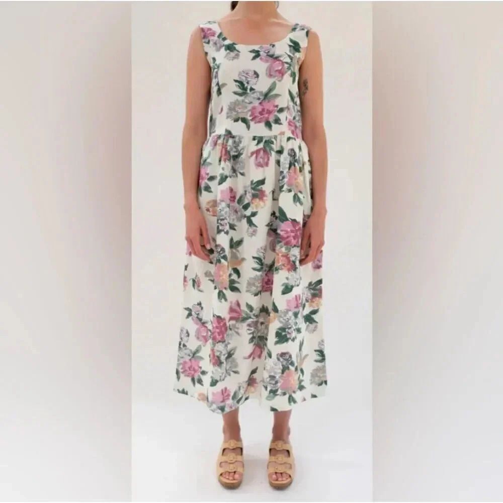 TACH x ANTHROPOLOGIE | Marita Linen Dress Floral Midi Dress Cottagcore | Small